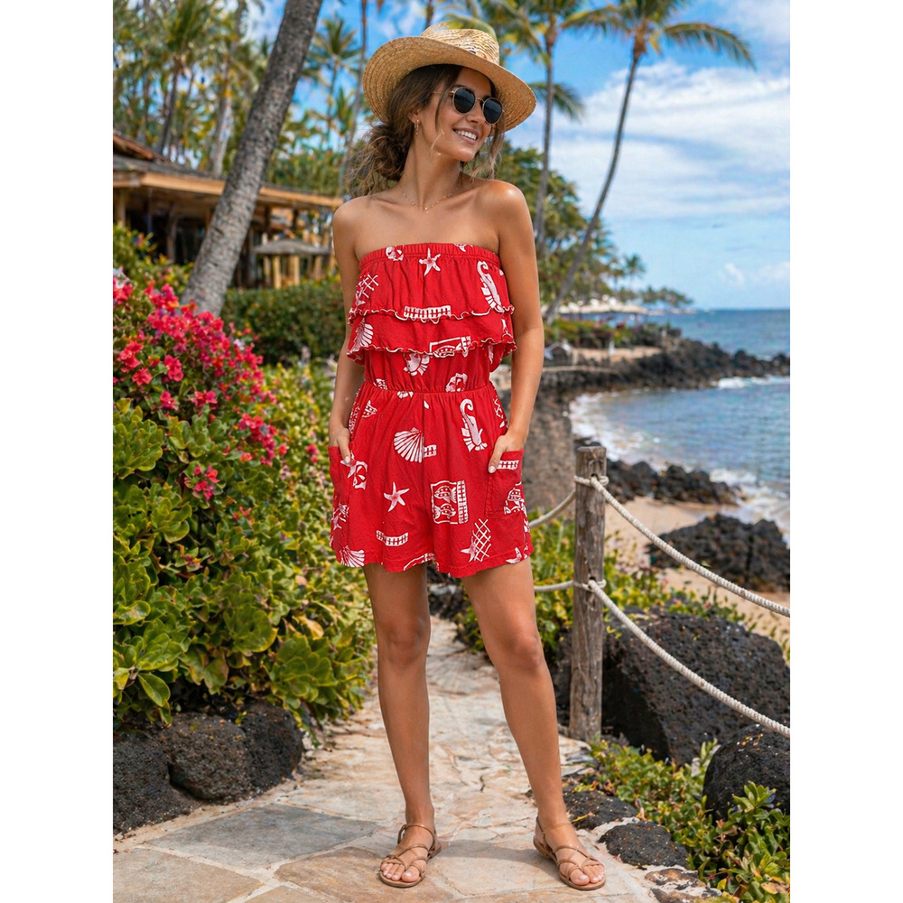 Vtg Women's Strapless Tropical Romper Red White Beach Cover Up Pockets size M